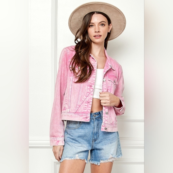 Classic Cropped Faded Pink Jean Denim Jacket Button Up Cotton Veveret - Picture 10 of 10